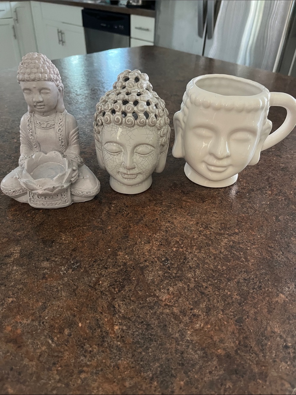 3pc Buddah decor incense crackel head /gray tea light holder /white glazed mug